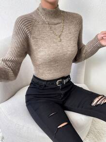 SHEIN Essnce Mock Neck Raglan Sleeve Sweater - Mocha Brown - View 5