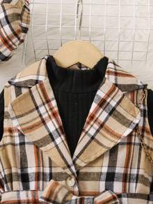 SHEIN 女小童格紋印花腰帶外套馬甲&T恤&帽