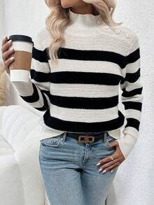 SHEIN LUNE Striped Pattern High Neck Button Detail Raglan Sleeve Sweater - Black and White - View 3