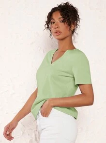 SHEIN BASICS V-neck Solid Tee - Green - View 3