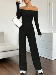 SHEIN EZwear Black Leisure And Home Foldover Off Shoulder Wide Leg Jumpsuit - Black - View 5