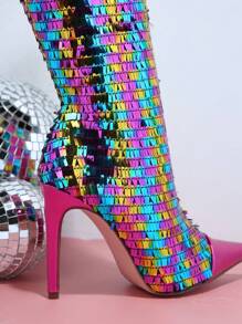 SHUZIA Rectangular Sequin Decor Pointed Toe Women Knee-High Boots