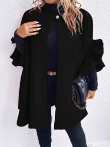 SHEIN Clasi 加大码纯色纽扣设计蕾丝袖，适合冬季 - 黑色 - 查看 5