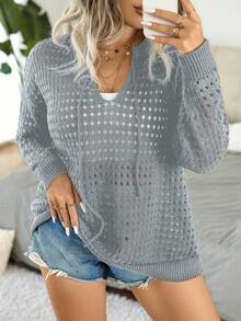 Calvaya 大碼鏤空落肩袖繫帶領網眼針織套頭毛衣 - 淺灰色 - 查看 6