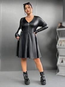 SHEIN Privé Plus Zip Up Flare Hem Dress - Black - View 1