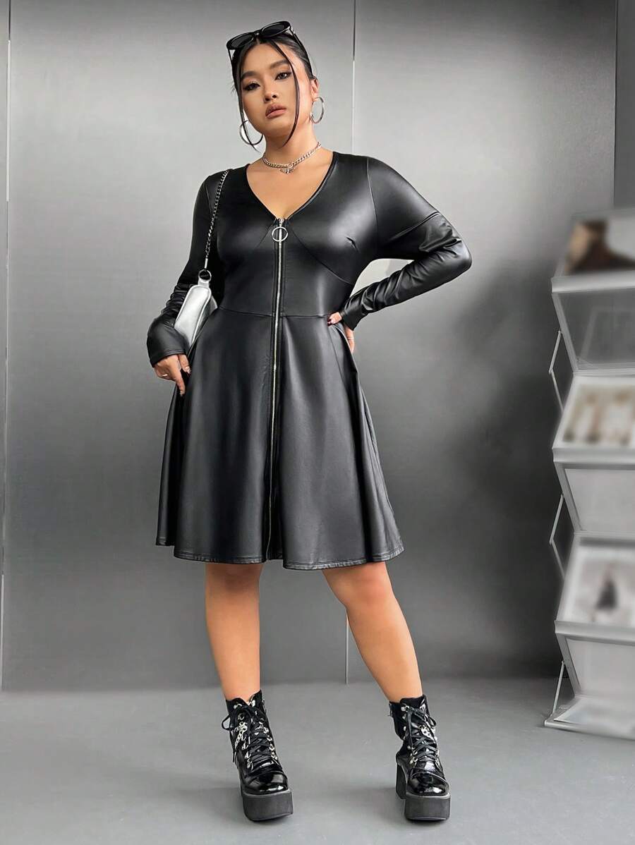 SHEIN Privé Plus Zip Up Flare Hem Dress - Black - View 1