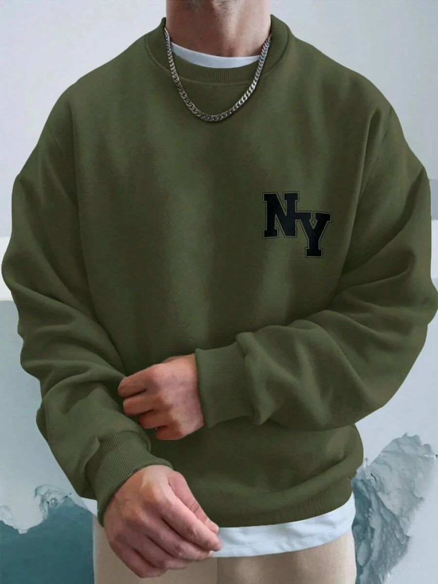 RueChic Men's Letter Printed Round Neck Sweatshirt - Army Green - View 1