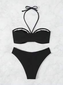 SHEIN Swim Conjunto de bikini de dos piezas de unicolor con cuello halter para playa de verano - Negro - Ver 5