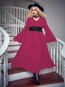 Flirla Plus Button Front Trumpet Sleeve Lettuce Trim Dress - Hot Pink - View 1