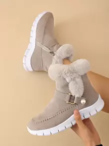 New Arrival Winter Luxury Beaded Buckle Lightweight Flat Warm Women's Snow Boots,Fur Boots - Grey - View 6