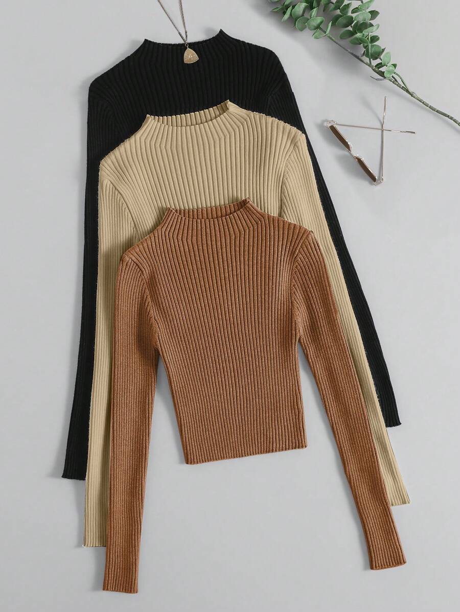 EMERY ROSE 3pcs Mock Neck Ribbed Knit Sweater,Long Sleeve Tops Knit Pullover Fall Winter Outfit - Multicolor - View 1