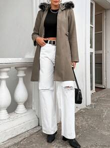 EURMUSE Zipper Front Hooded Woolen Coat - Beige - View 5