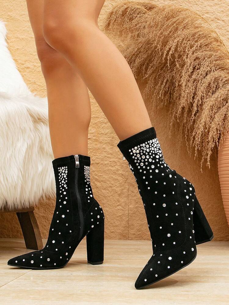 Botines elásticos negros de tacón alto con punta puntiaguda para mujer, cómodas botas estilo calcetín de tacón grueso, longitud hasta media pantorrilla, decoración de diamantes de imitación - Negro - Añade 4