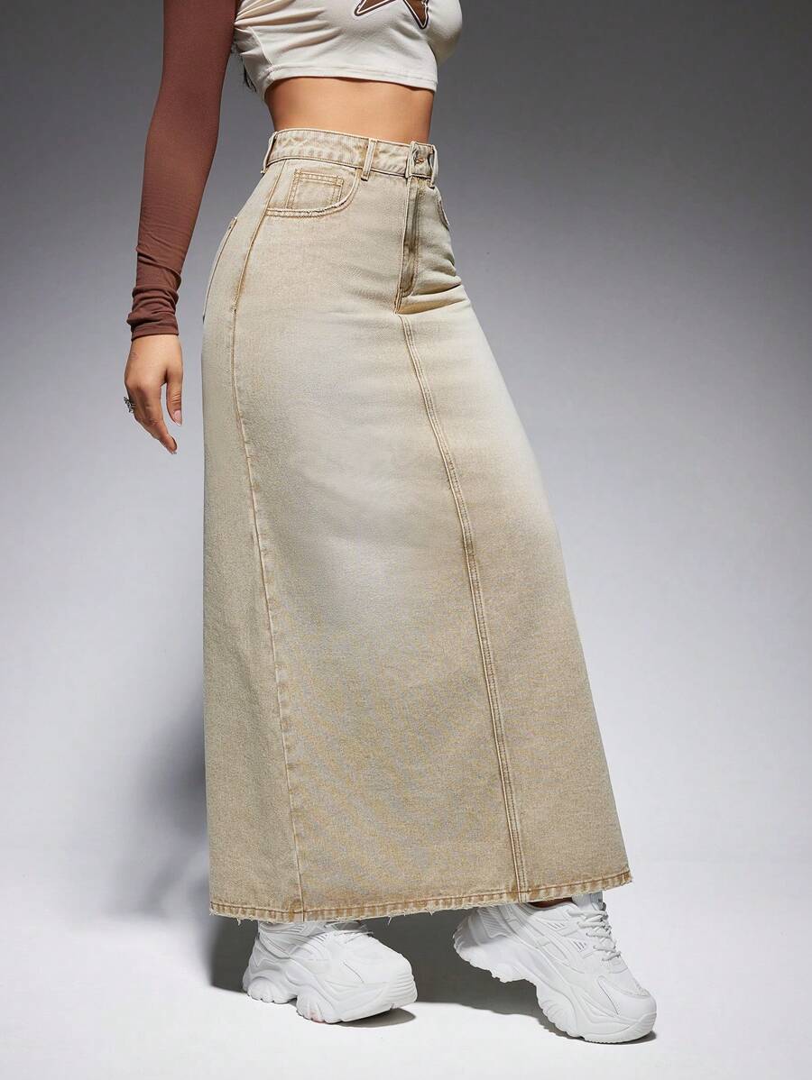 SHEIN EZwear High Waist Split Back Maxi Denim Skirt - Khaki - View 1