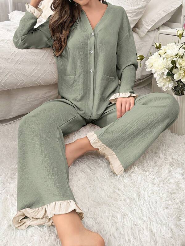 Women's Ruffled Hem Pajama Set With Patchwork, Fall Clothes