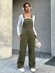 SHEIN EZwear Chất rắn Túi mặt trước Tổng thể Jumpsuit Without Tee - xanh quân đội - Xem 3