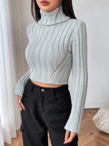 SHEIN EZwear Women's High Neck Cropped Sweater - Light Grey - View 4