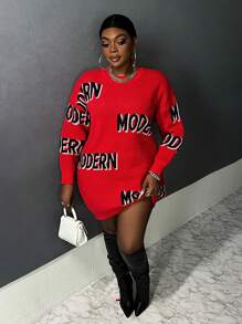 Slaydiva Plus Letter Pattern Drop Shoulder Sweater Dress - Red - View 4