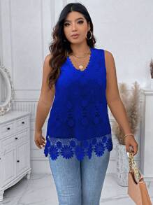Calvaya Plus Guipure Lace Sleeveless Blouse - Navy Blue - View 6