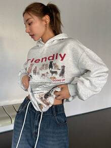 DAZY Slogan & In Động vật Thả vai Hoodie - Xám - Xem 7