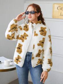 Teen Girl Bear Print Drop Shoulder Fleece Jacket - Multicolor - View 6