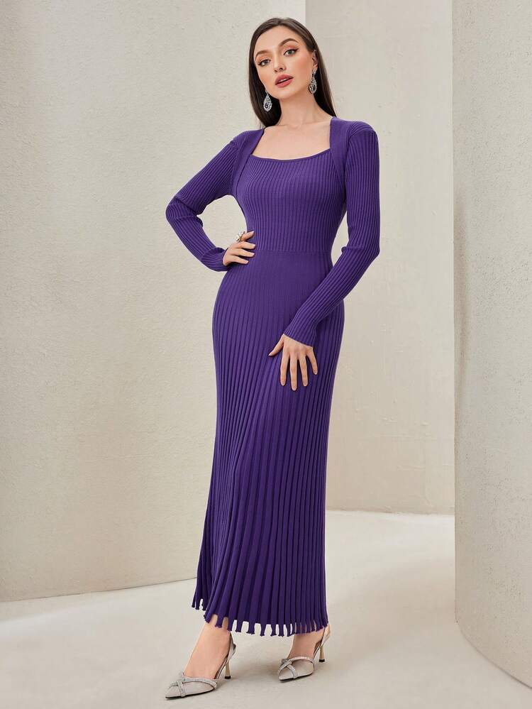 Women's Square Neck Solid Color Close-fitting Ribbed Knit Fringed Hem Sweater Dress Without Waist Belt