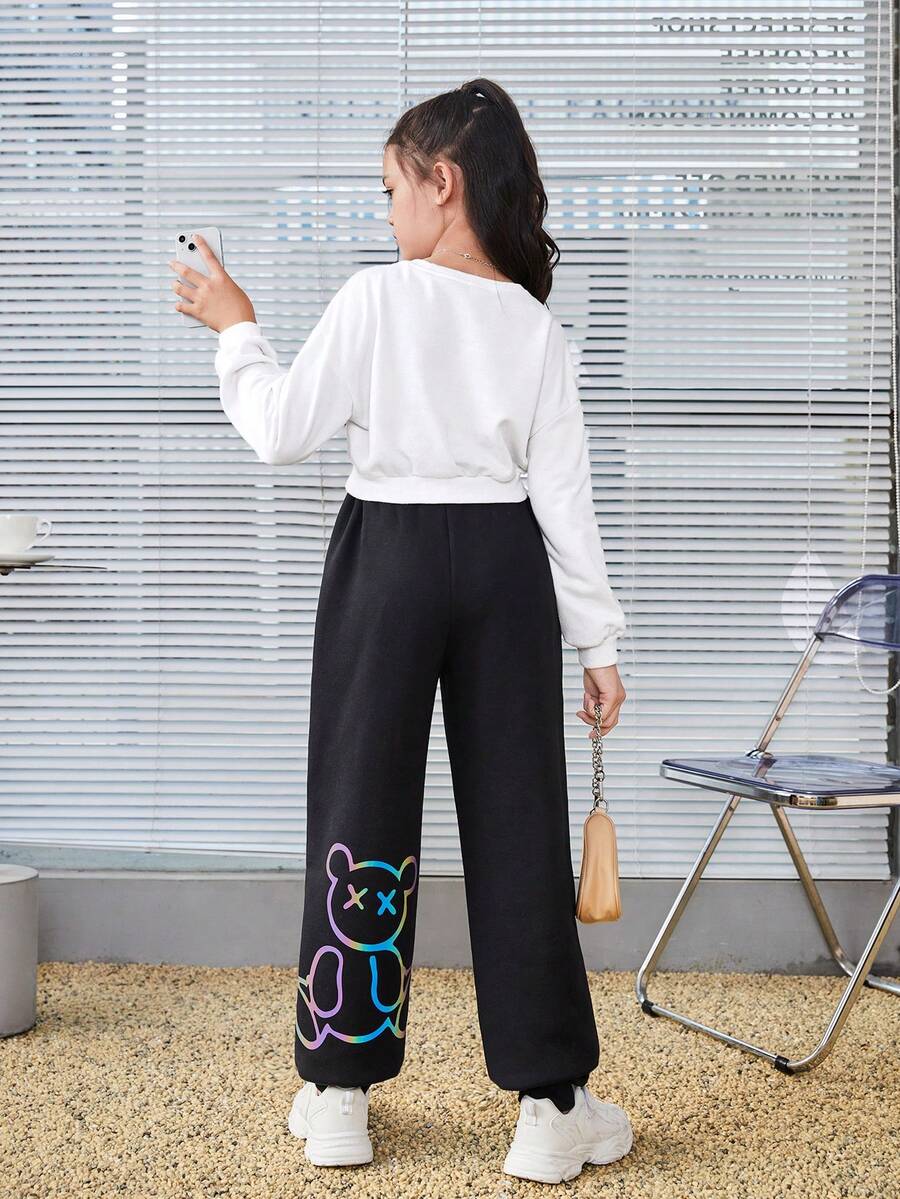 SHEIN 少女反光卡通圖形口袋運動褲 - 黑色 - 查看 1