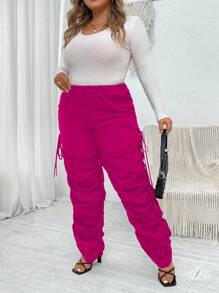 SHEIN CURVE+ Plus Elastic Waist Ruched Side Pants - Hot Pink - View 6