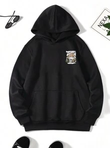 男士骷髏頭和字母圖案加絨內裏連帽衫 - 黑色 - 查看 2