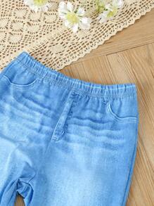 SHEIN Garota pré-adolescente Coração Corrigida Manga Bufante Camiseta & Denim Efeito Imprimir Calças Perna Flare