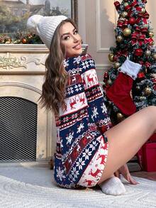 Christmas Elk & Geo Print Button Front Romper - Navy Blue - View 3