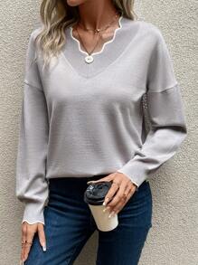 Chiquease Contrast Scallop Trim Drop Shoulder Knit Pullover Fall Winter Sweater - Grey - View 6