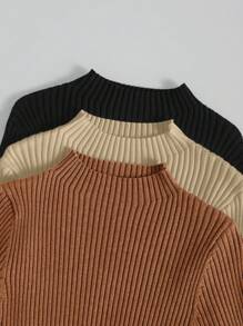 EMERY ROSE 3pcs Mock Neck Ribbed Knit Sweater,Long Sleeve Tops Knit Pullover Fall Winter Outfit - Multicolor - View 3