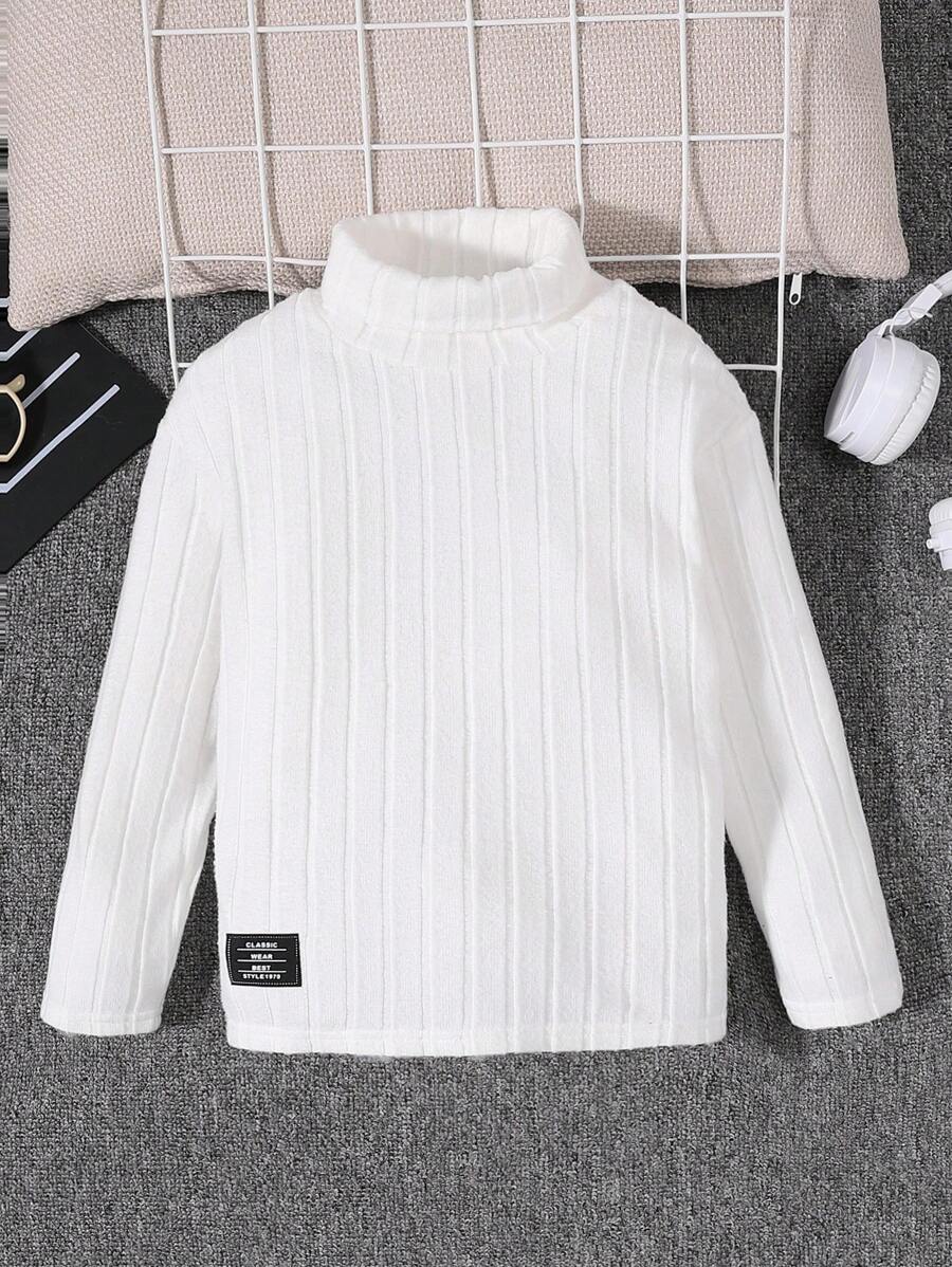 SHEIN Young Boy Casual Comfortable Knitted Turtleneck Shirt With Labeling Long Sleeve - White - View 1