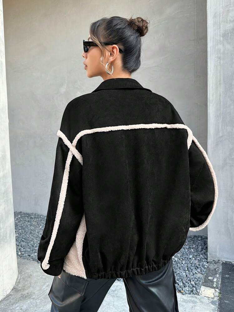 Fleece Teddy Coat With Suede Color Block Design