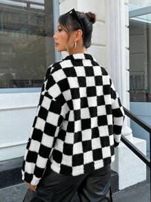 SHEIN Coolane 棋盤格印花落肩袖毛絨夾克 - 黑與白 - 查看 2