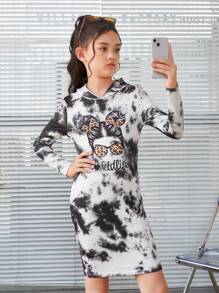 SHEIN 女大童紮染人像圖案連帽洋裝 - 彩色 - 查看 1