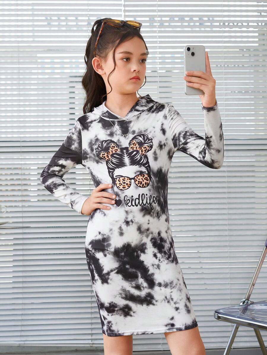 SHEIN 女大童紮染人像圖案連帽洋裝 - 彩色 - 查看 1