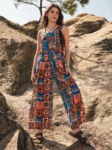 Bohemela Allover Print Wide Leg Overall Jumpsuit - Multicolor - View 3