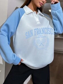 SHEIN Qutie 字母圖案拼接插肩袖Polo領運動衫 - 藍白色 - 查看 6