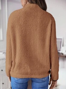 SHEIN LUNE 撞色滾邊半拉鏈法蘭絨運動衫 - 卡其色 - 查看 2