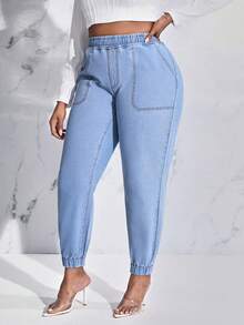 SHEIN SXY Plus Elastic Waist Jogger Jeans - Light Wash - View 5