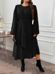 SHEIN Franclia Plus Lantern Sleeve Knot Front Dress - Black - View 4