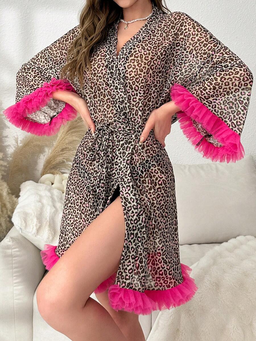 Leopard Print Contrast Mesh Ruffle Trim Belted Robe - Multicolor - View 1