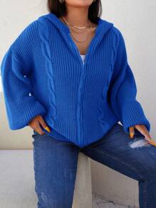 RueChic Plus Cable Knit Drop Shoulder Hooded Cardigan - Blue - View 5
