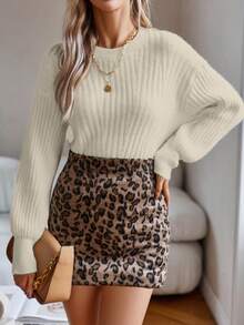 SHEIN Privé Solid Drop Shoulder Ribbed Knit Sweater - Apricot - View 5