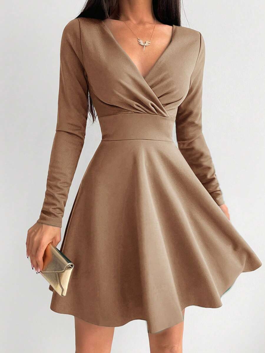 EURMUSE Women's Wrap & Pleated Design Dress - Apricot - View 1