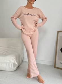 RueChic 100%Cotton Letter Graphic Drop Shoulder Tee & Pants Lounge Set - Pink - View 3