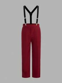 SHEIN 少年套裝，包括襯衫、可拆卸蝴蝶結和吊帶，紳士裝 - 酒紅色 - 查看 4