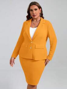 SHEIN Clasi 大碼1入組西裝領西裝外套和裙子 - 黃色 - 查看 2
